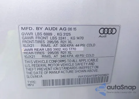 2015 Audi Q7 3.0T S Line Prestige z USA, uszkodzony, nr VIN WA1DGAFE9FD029921